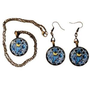 Grateful Dead Dancing Bear Necklace & Earring Gift Set Glass Cabochon Pendants